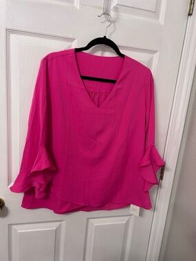 Women's V-Neck Ruffle Sleeve Blouse - Hot Pink